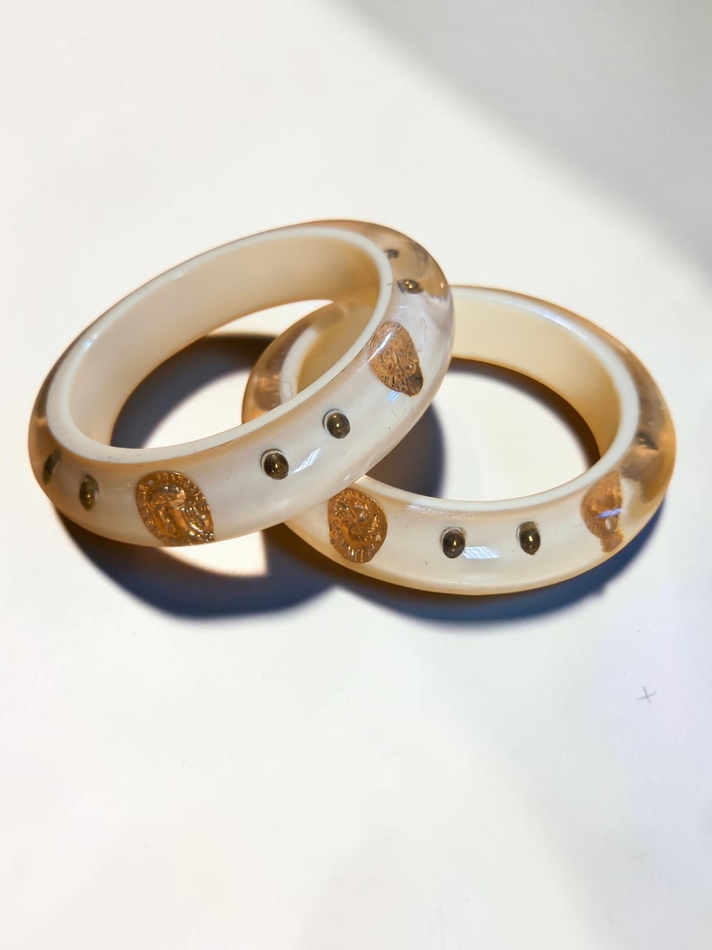 Cream & Gold Coin Inlay Resin Bangle Bracelet - Women Jewelry